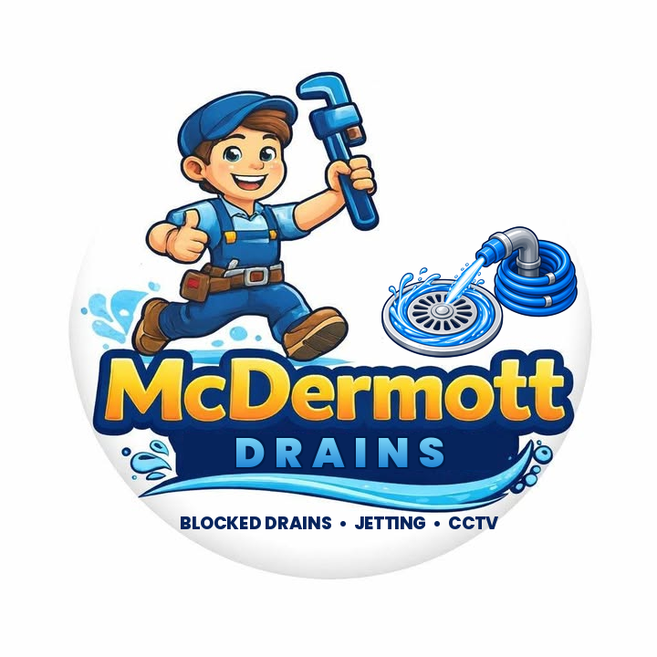McDermott Drains logo: plumber mascot with a wrench next to a drain being jetted, with the words Blocked drains, Jetting, CCTV